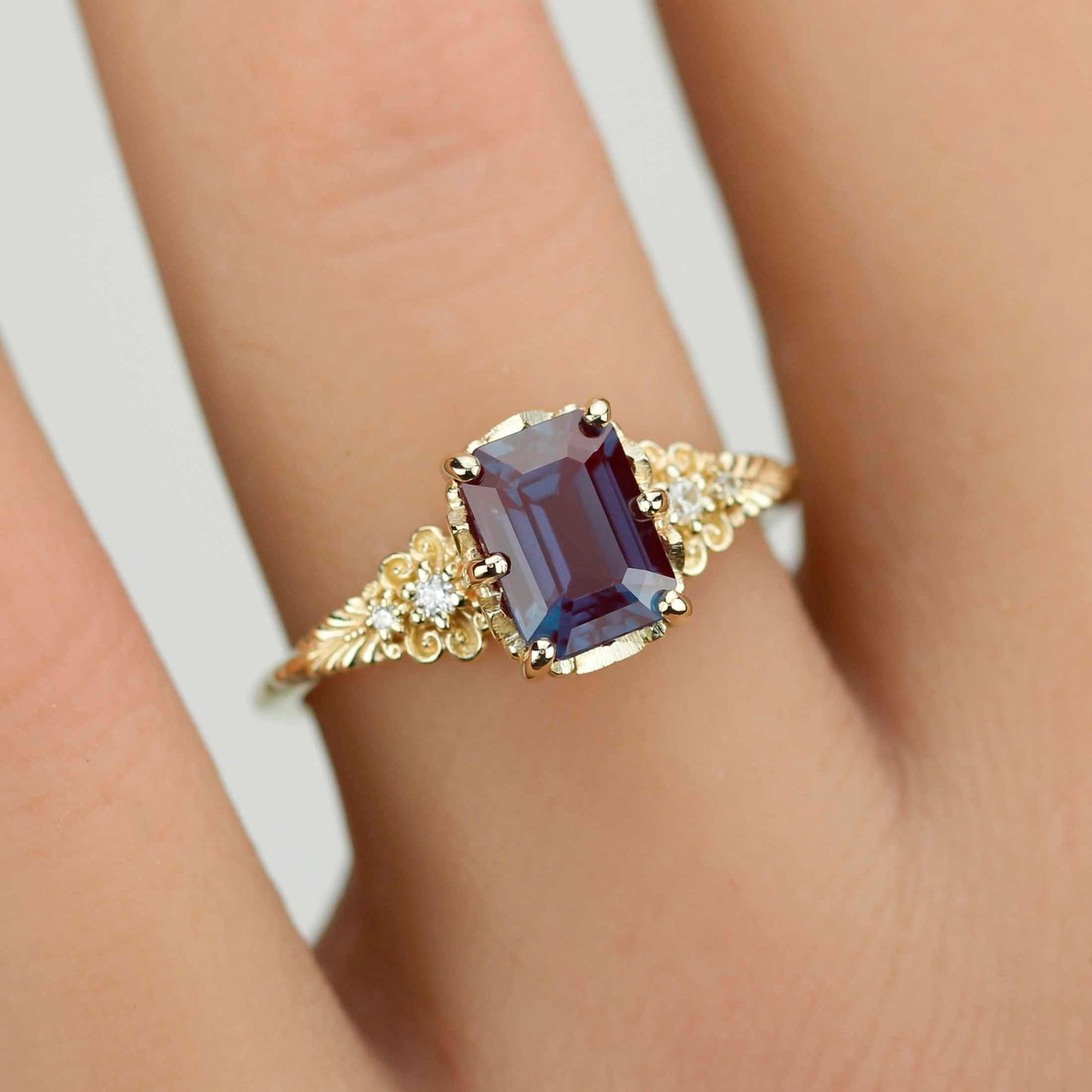 Alexandrite Diamond Ring 18K Gold Floral Engagement Ring Handmade Italian Heirloom Jewelry