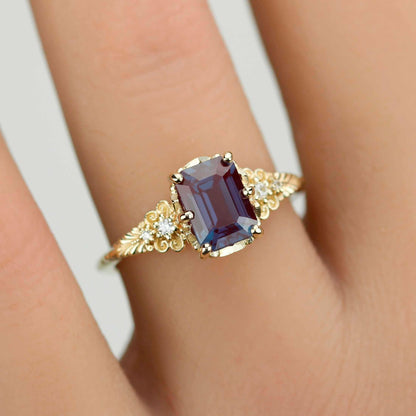 Alexandrite Diamond Ring 18K Gold Floral Engagement Ring Handmade Italian Heirloom Jewelry