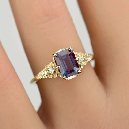 Alexandrite Diamond Ring 18K Gold Floral Engagement Ring Handmade Italian Heirloom Jewelry