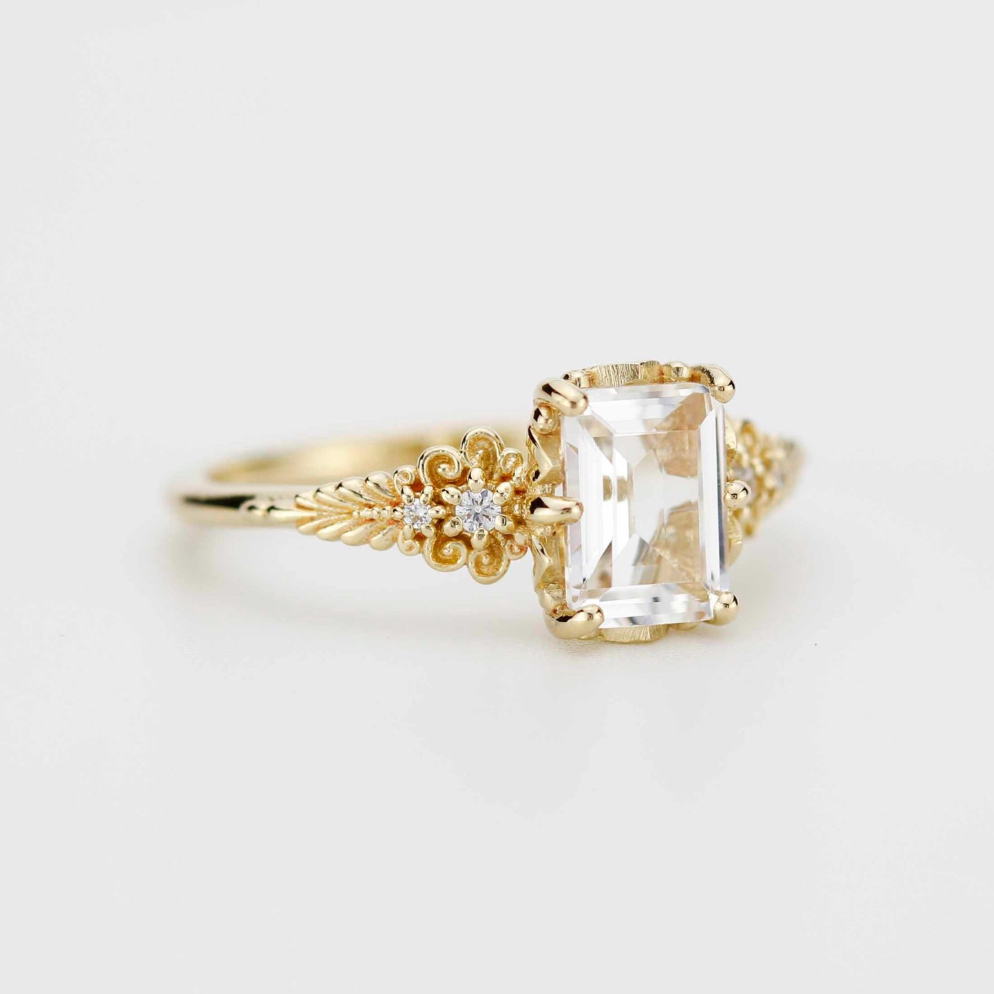 Emerald Cut Moissanite Ring Vintage Floral Yellow Gold, Diamond Engagement Art Deco Style