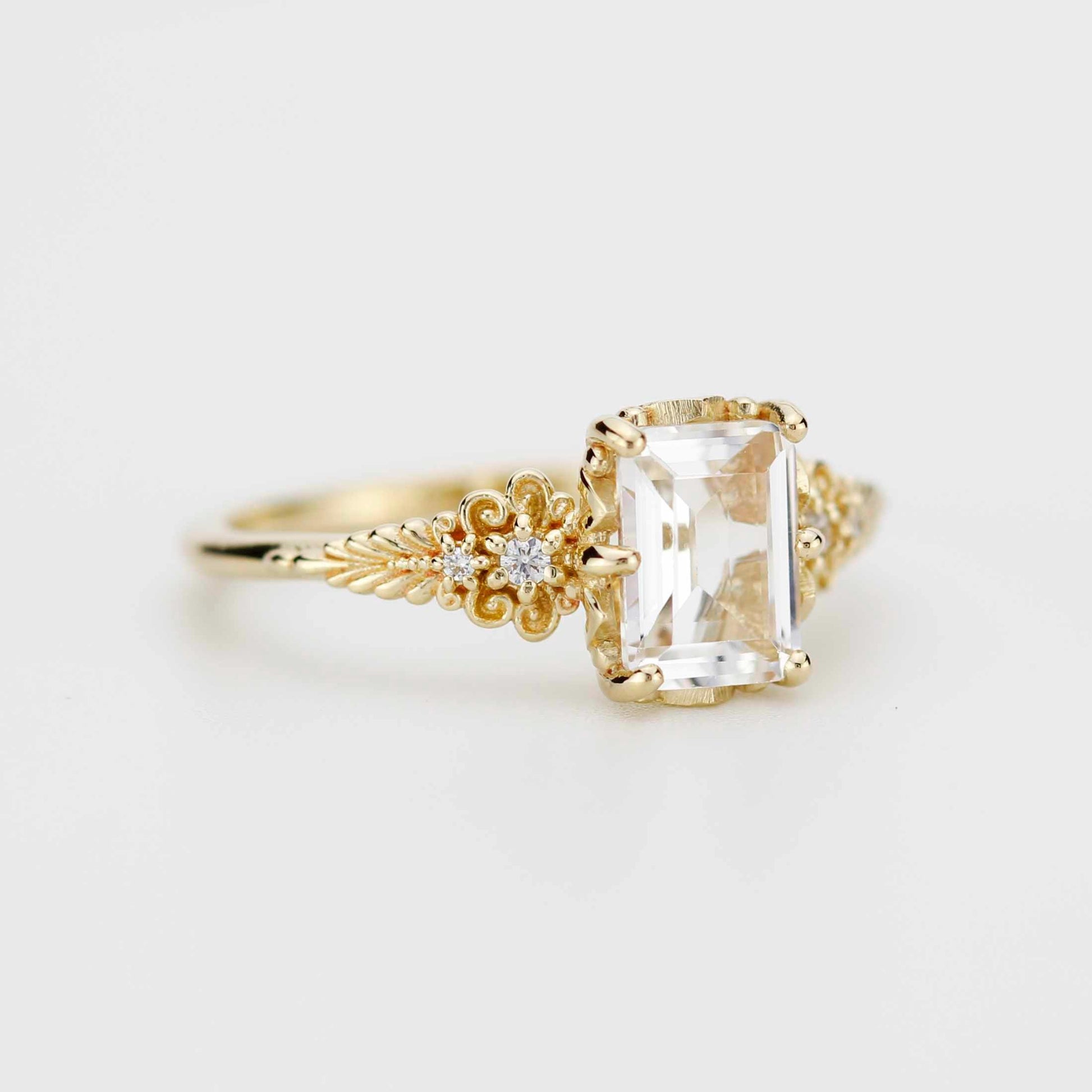 Emerald Cut Moissanite Ring Vintage Floral Yellow Gold, Diamond Engagement Art Deco Style
