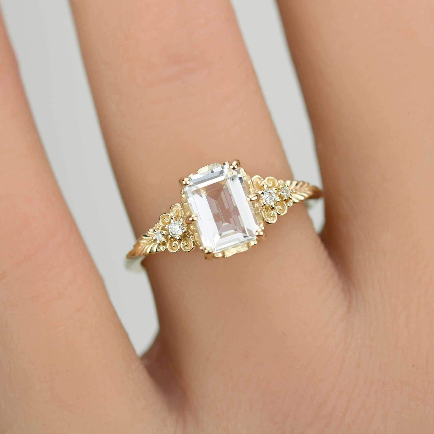 Emerald Cut Moissanite Ring Vintage Floral Yellow Gold, Diamond Engagement Art Deco Style