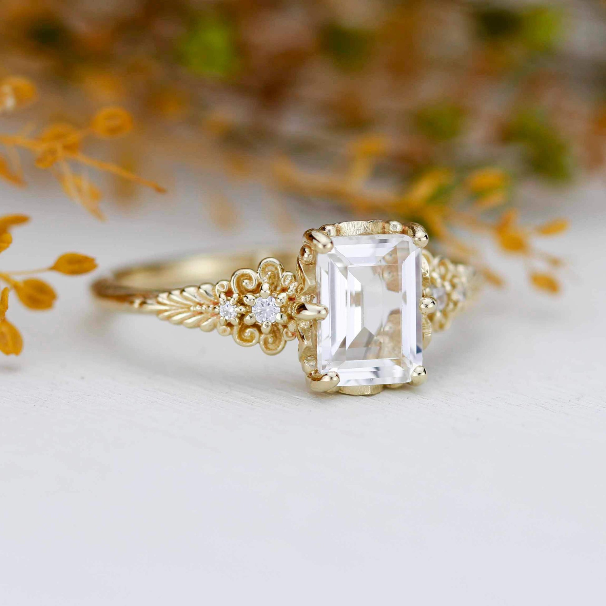 Emerald Cut Moissanite Ring Vintage Floral Yellow Gold, Diamond Engagement Art Deco Style