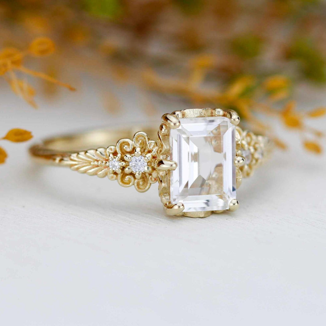 18k gold emerald cut moissanite and diamond engagement ring vintage style