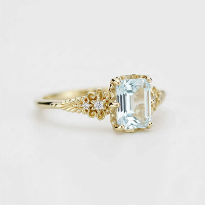 Emerald Cut Aquamarine engagement Ring, Vintage Style 18K Gold