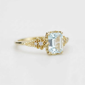 Emerald Cut Aquamarine engagement Ring, Vintage Style 18K Gold