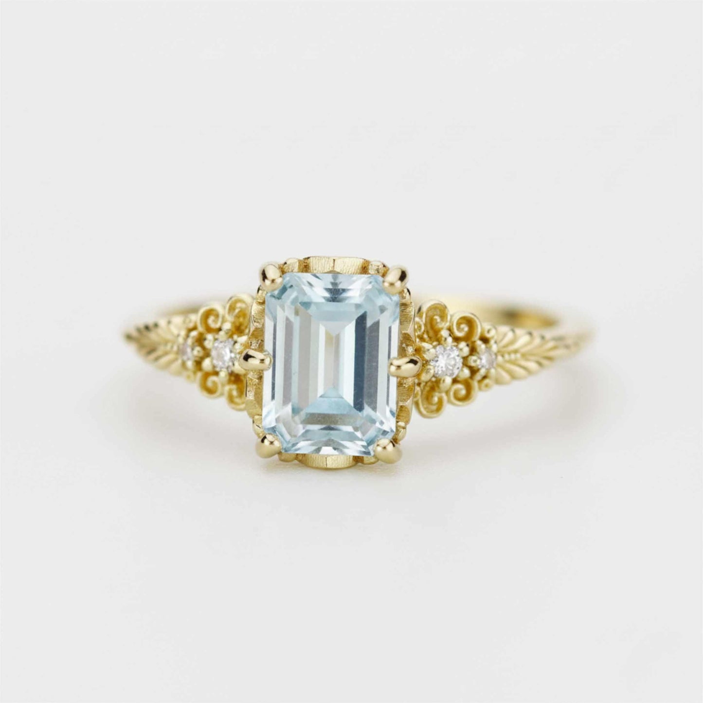 Emerald Cut Aquamarine engagement Ring, Vintage Style 18K Gold
