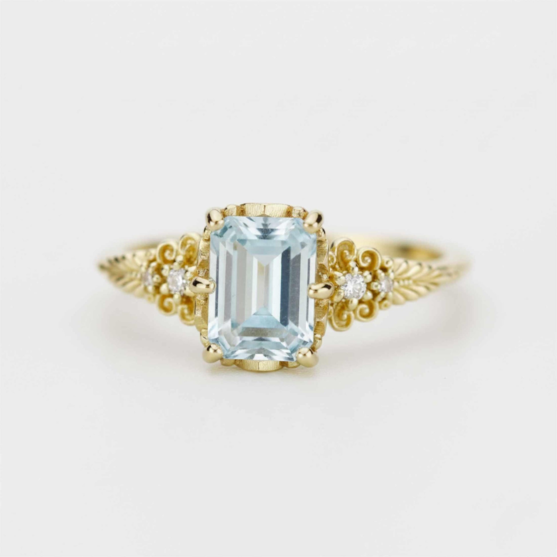 Emerald Cut Aquamarine engagement Ring, Vintage Style 18K Gold