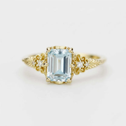 Emerald Cut Aquamarine engagement Ring, Vintage Style 18K Gold