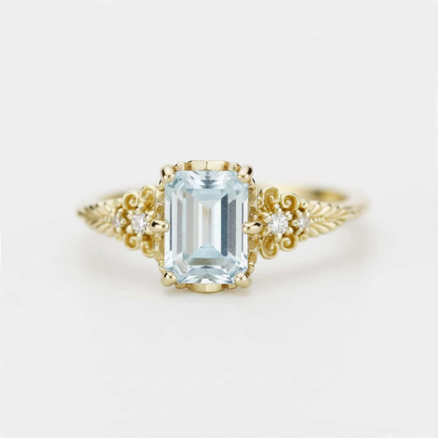 Emerald Cut Aquamarine engagement Ring, Vintage Style 18K Gold