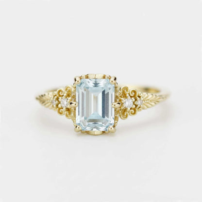 Emerald Cut Aquamarine engagement Ring, Vintage Style 18K Gold