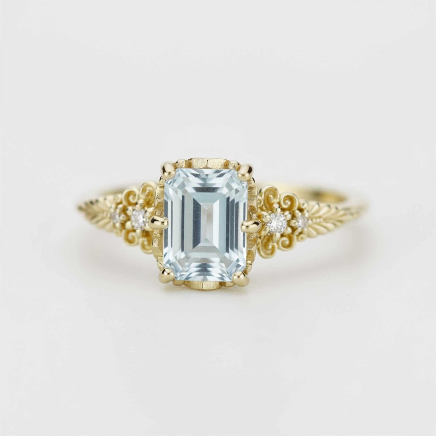 Emerald Cut Aquamarine engagement Ring, Vintage Style 18K Gold