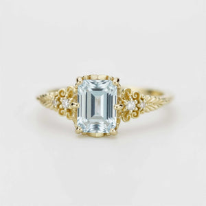 Emerald Cut Aquamarine engagement Ring, Vintage Style 18K Gold