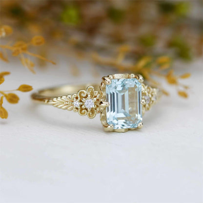 Emerald Cut Aquamarine engagement Ring, Vintage Style 18K Gold