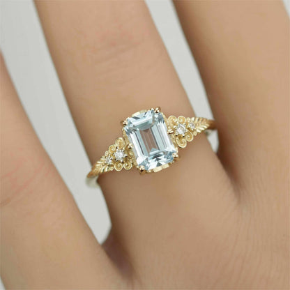 Emerald Cut Aquamarine engagement Ring, Vintage Style 18K Gold