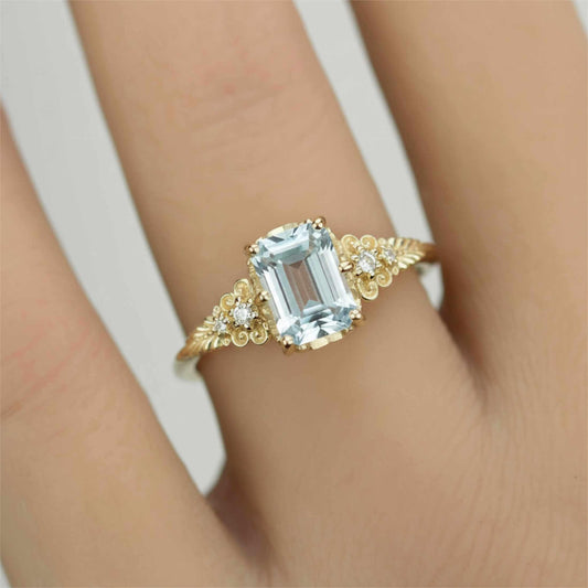 Emerald Cut Aquamarine engagement Ring, Vintage Style 18K Gold