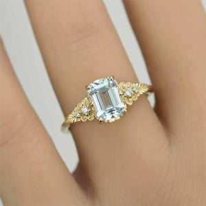 Emerald Cut Aquamarine engagement Ring, Vintage Style 18K Gold