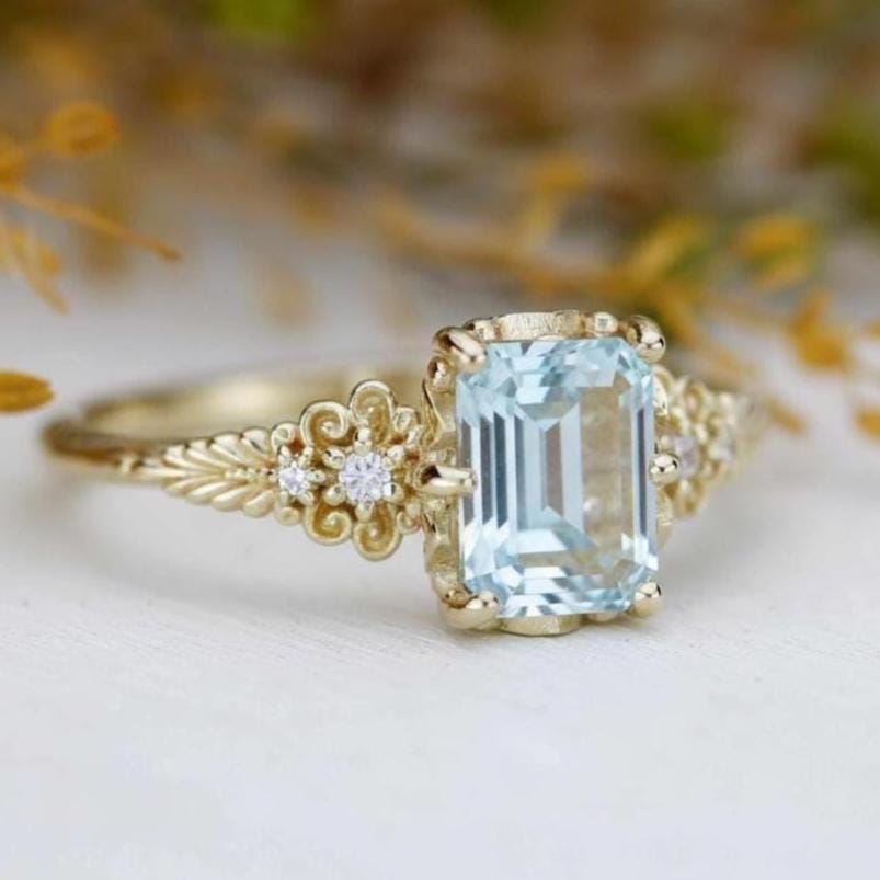 Vintage style emerald cut aquamarine  Ring 18k Rose Gold Made in Italy
