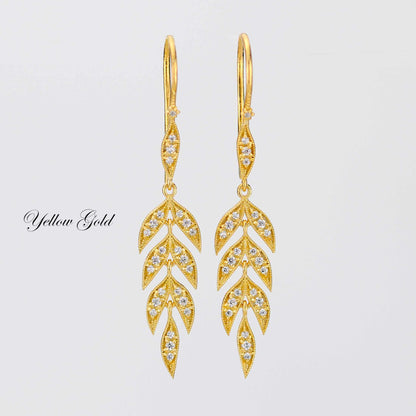 18K Gold Leaf Dangle Earrings, Nature Bride Gift Wife, Birthday Gift
