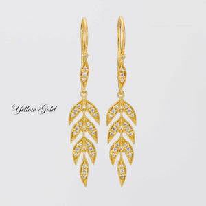 18K Gold Leaf Dangle Earrings, Nature Bride Gift Wife, Birthday Gift