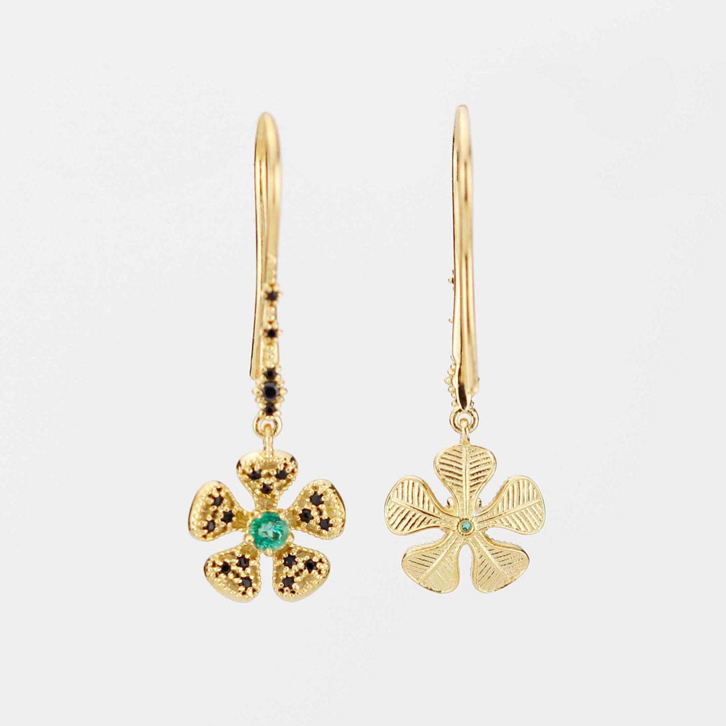 Handmade 18K Gold Flower Dangle Earrings with Natural Emerald | Fine Drop Jewelry for Women