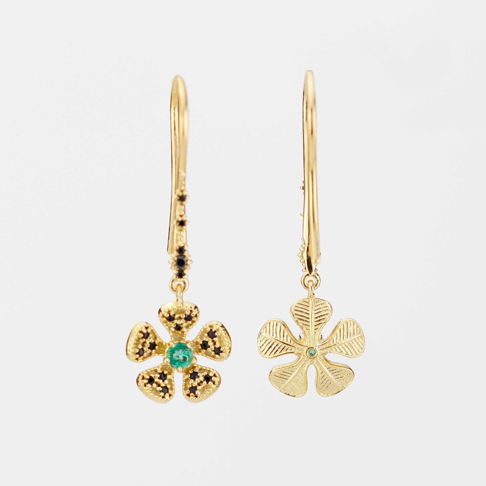 Handmade 18K Gold Flower Dangle Earrings with Natural Emerald | Fine Drop Jewelry for Women