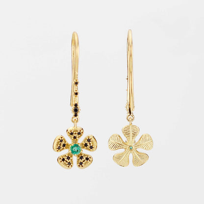 Handmade 18K Gold Flower Dangle Earrings with Natural Emerald | Fine Drop Jewelry for Women