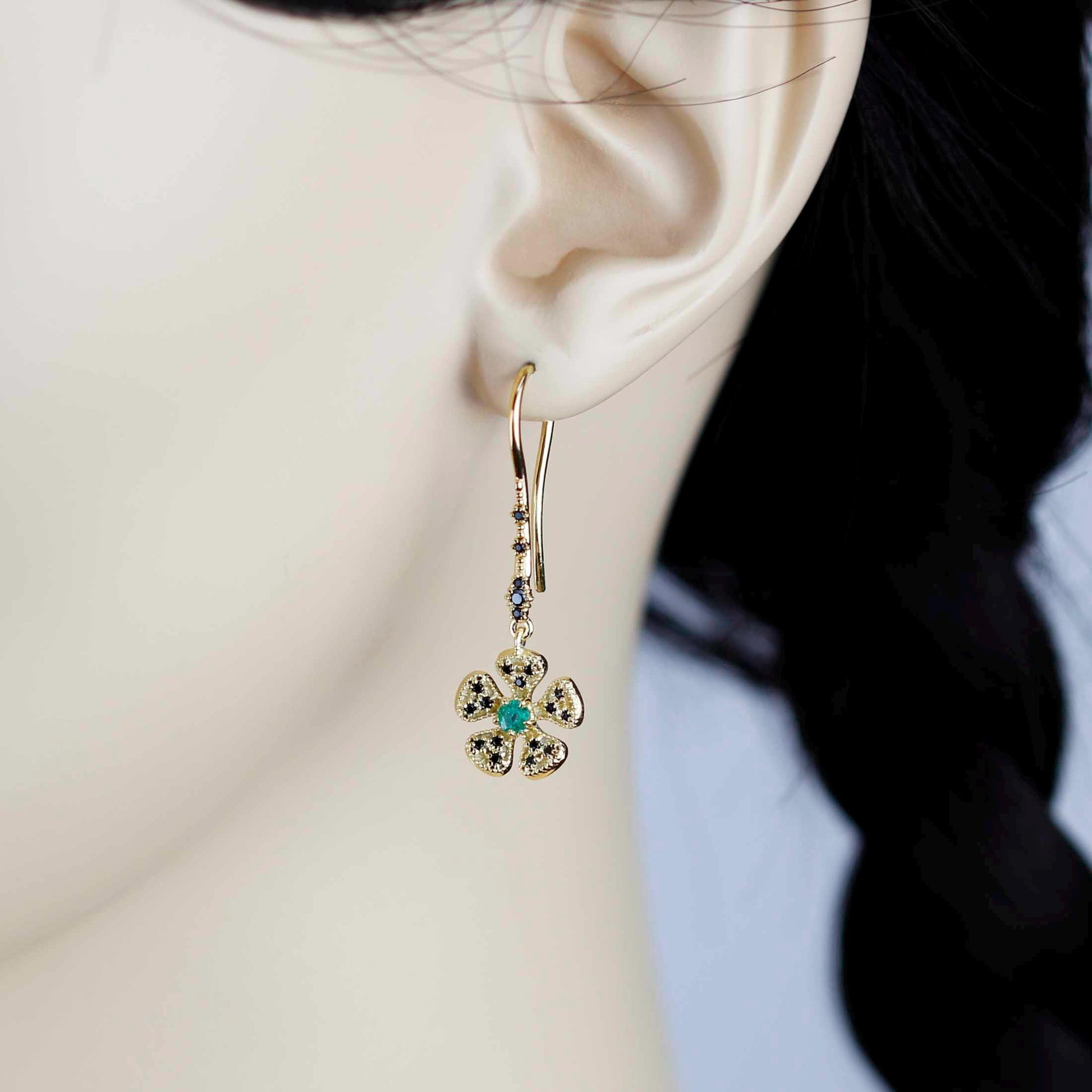 Handmade 18K Gold Flower Dangle Earrings with Natural Emerald | Fine Drop Jewelry for Women