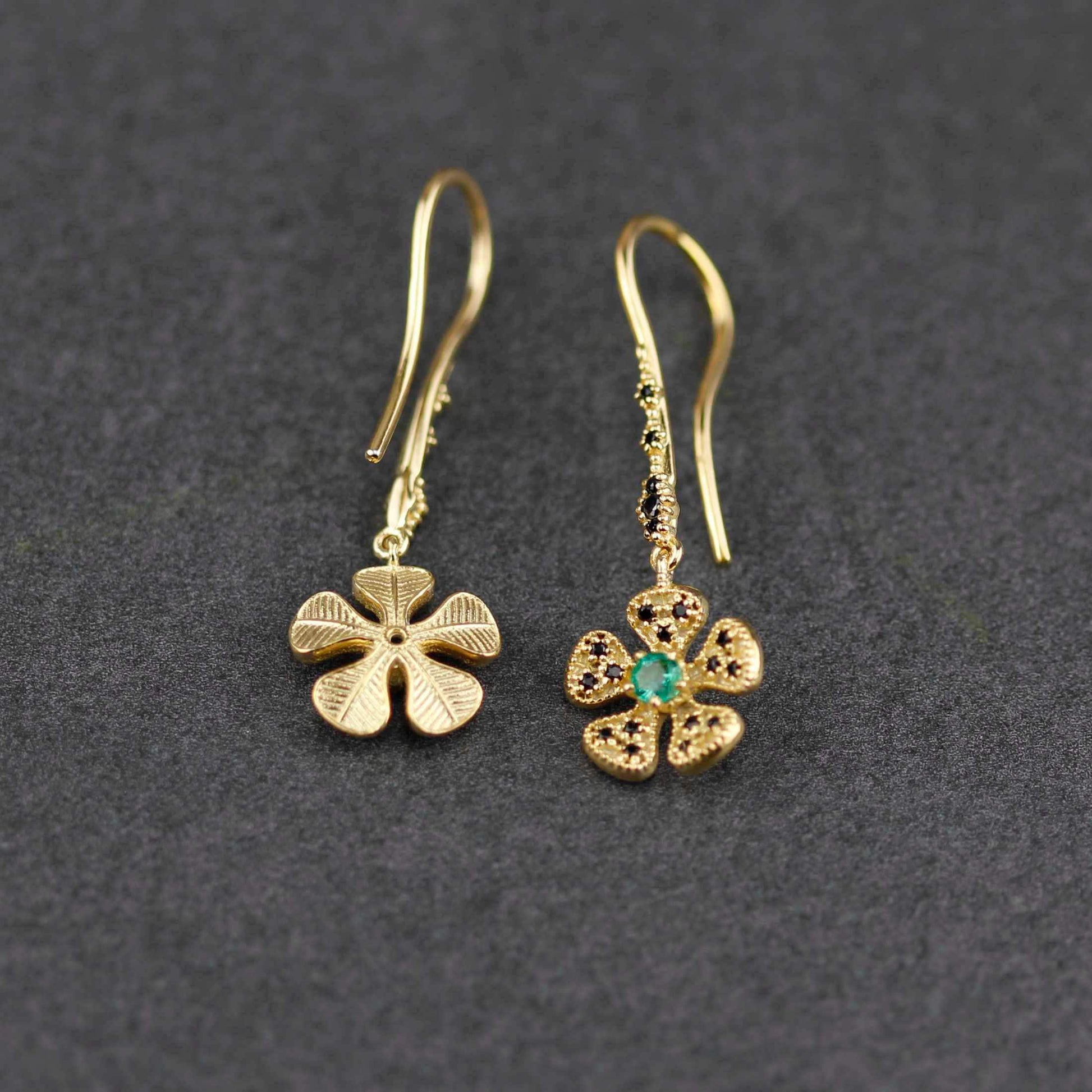 Handmade 18K Gold Flower Dangle Earrings with Natural Emerald | Fine Drop Jewelry for Women