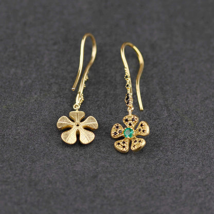 Handmade 18K Gold Flower Dangle Earrings with Natural Emerald | Fine Drop Jewelry for Women