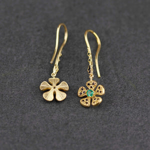 Handmade 18K Gold Flower Dangle Earrings with Natural Emerald | Fine Drop Jewelry for Women