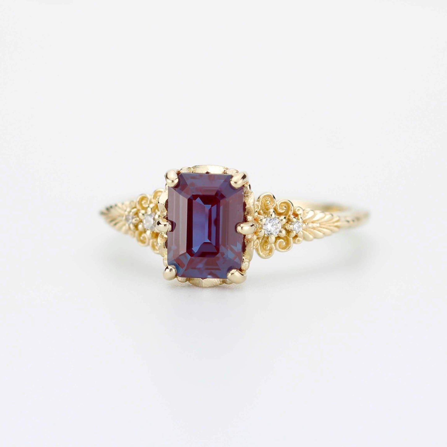 Alexandrite Diamond Ring 18K Gold Floral Engagement Ring Handmade Italian Heirloom Jewelry