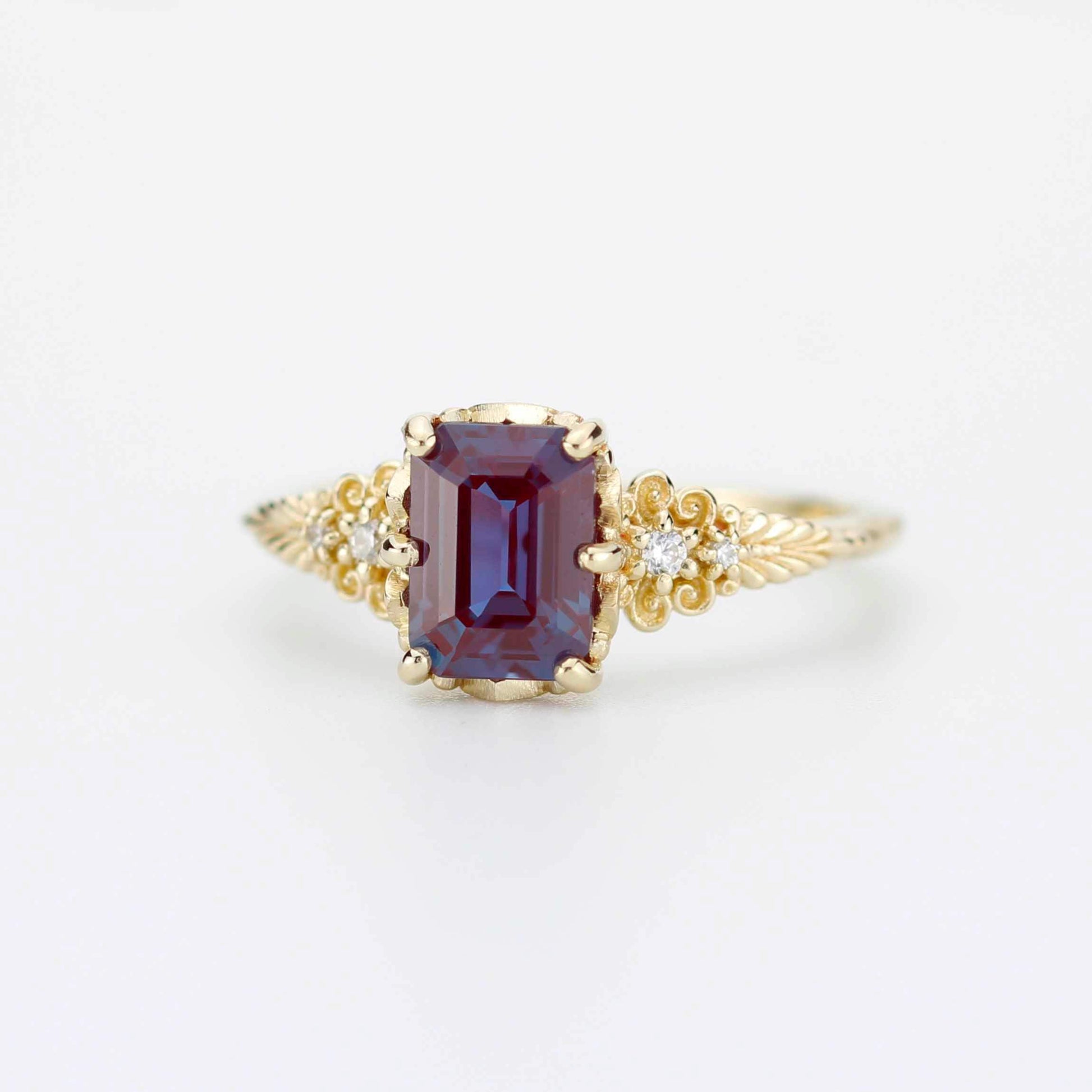 Alexandrite Diamond Ring 18K Gold Floral Engagement Ring Handmade Italian Heirloom Jewelry