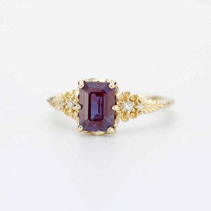 Alexandrite Diamond Ring 18K Gold Floral Engagement Ring Handmade Italian Heirloom Jewelry