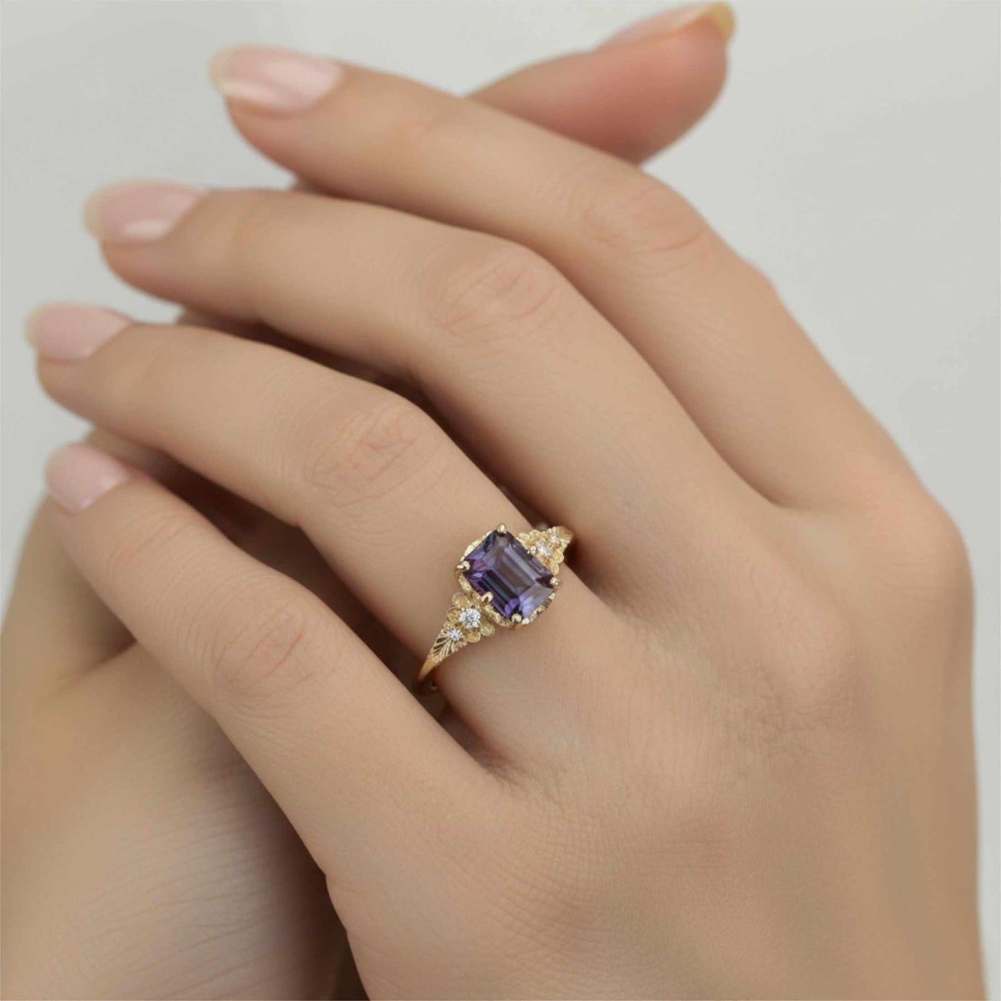 Alexandrite Diamond Ring 18K Gold Floral Engagement Ring Handmade Italian Heirloom Jewelry