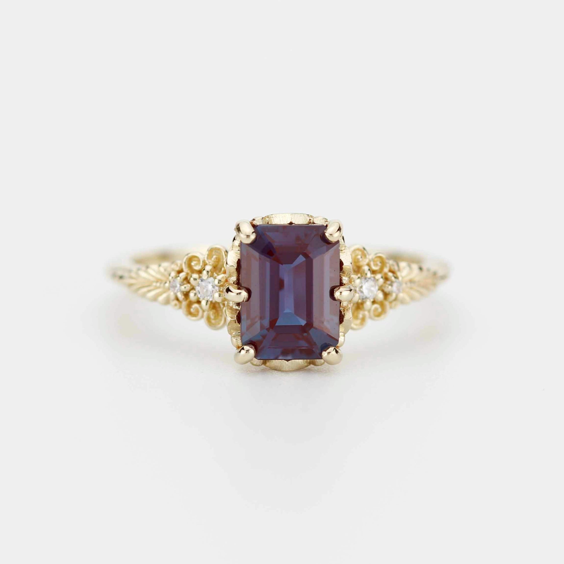Alexandrite Diamond Ring 18K Gold Floral Engagement Ring Handmade Italian Heirloom Jewelry