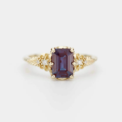 Alexandrite Diamond Ring 18K Gold Floral Engagement Ring Handmade Italian Heirloom Jewelry