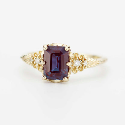 Alexandrite Diamond Ring 18K Gold Floral Engagement Ring Handmade Italian Heirloom Jewelry