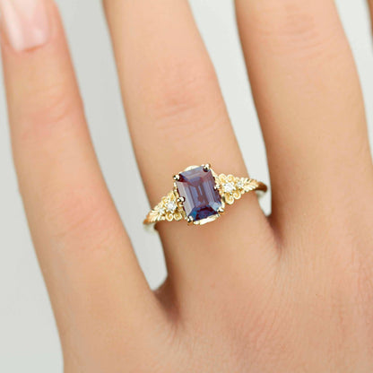 Alexandrite Diamond Ring 18K Gold Floral Engagement Ring Handmade Italian Heirloom Jewelry