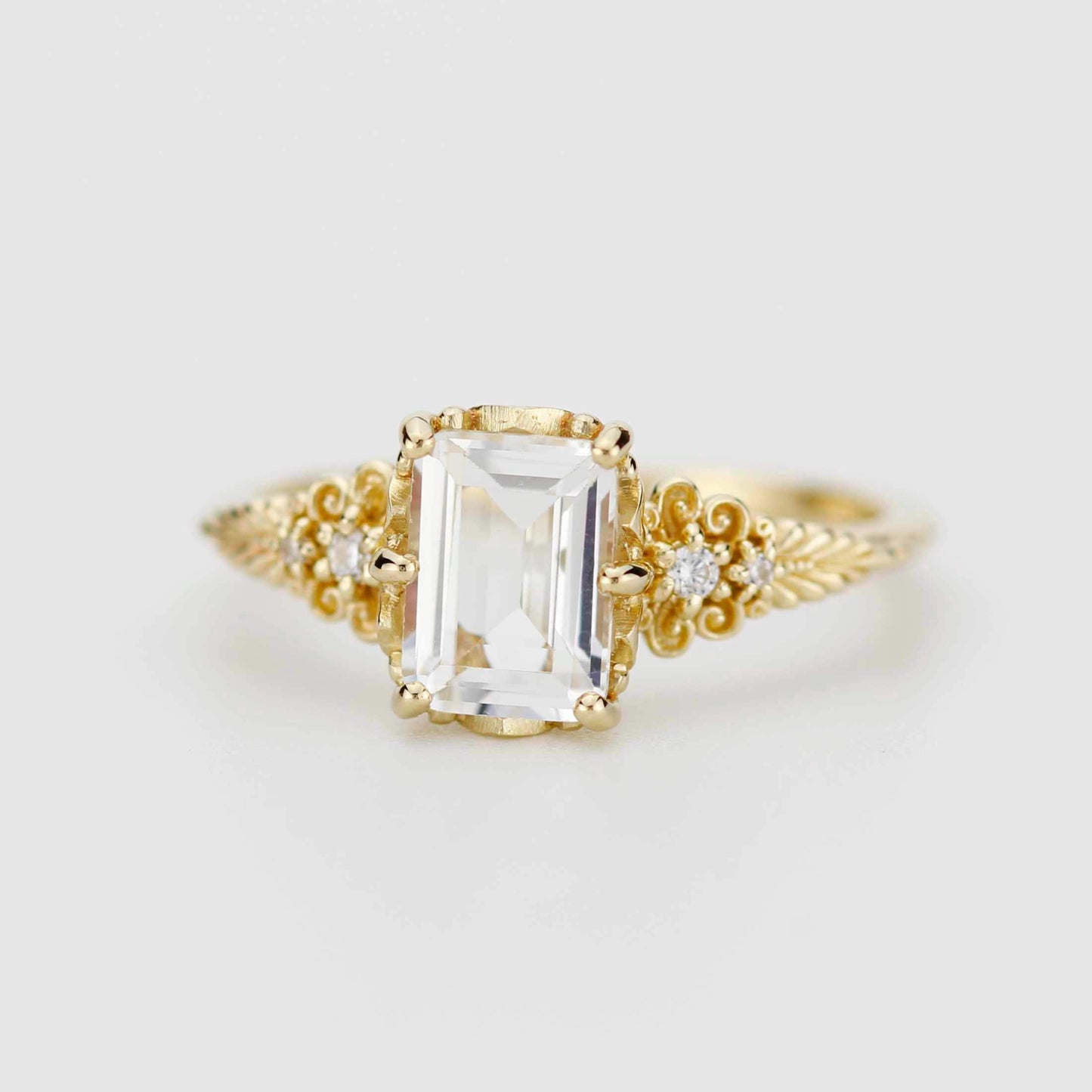 Emerald Cut Moissanite Ring Vintage Floral Yellow Gold, Diamond Engagement Art Deco Style