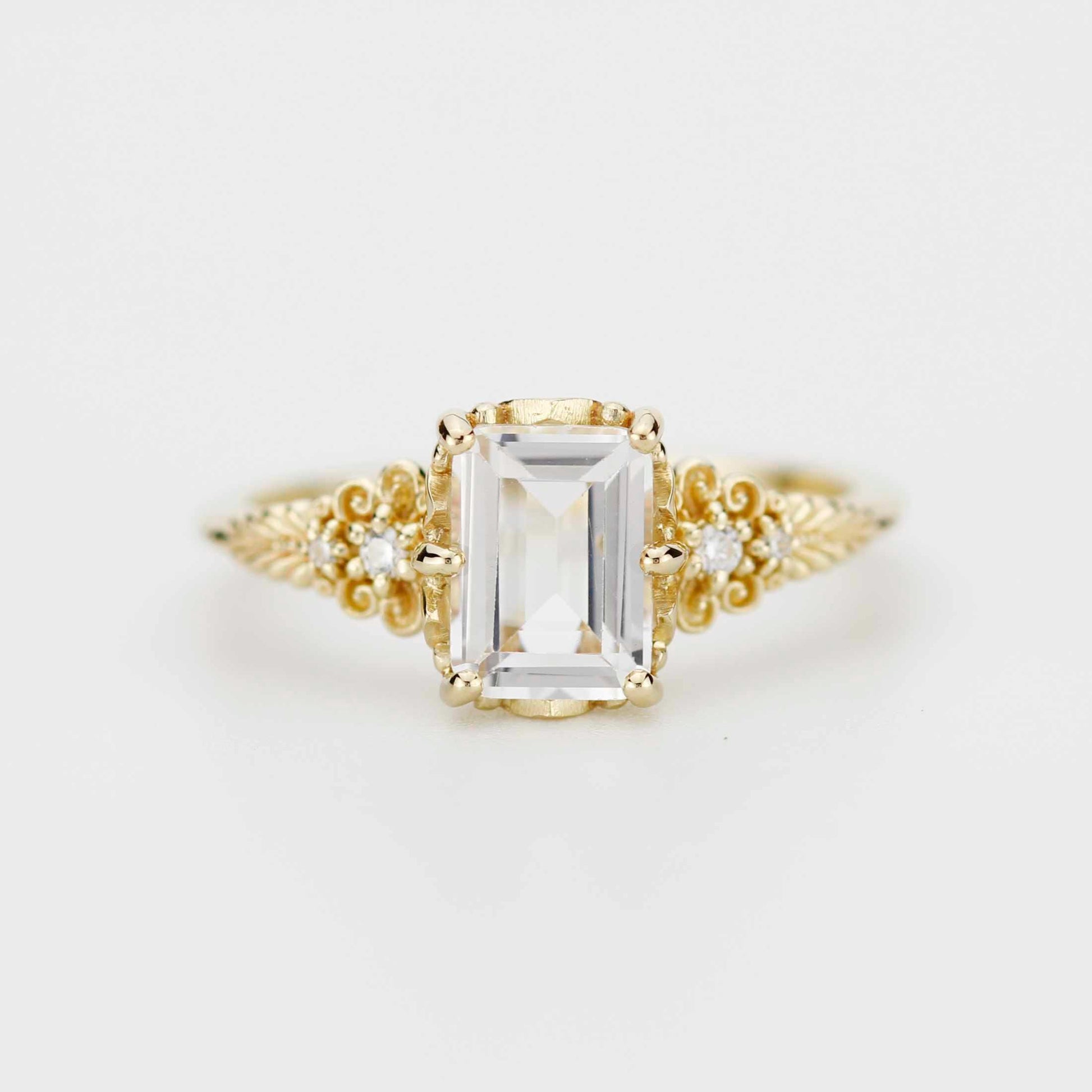 Emerald Cut Moissanite Ring Vintage Floral Yellow Gold, Diamond Engagement Art Deco Style