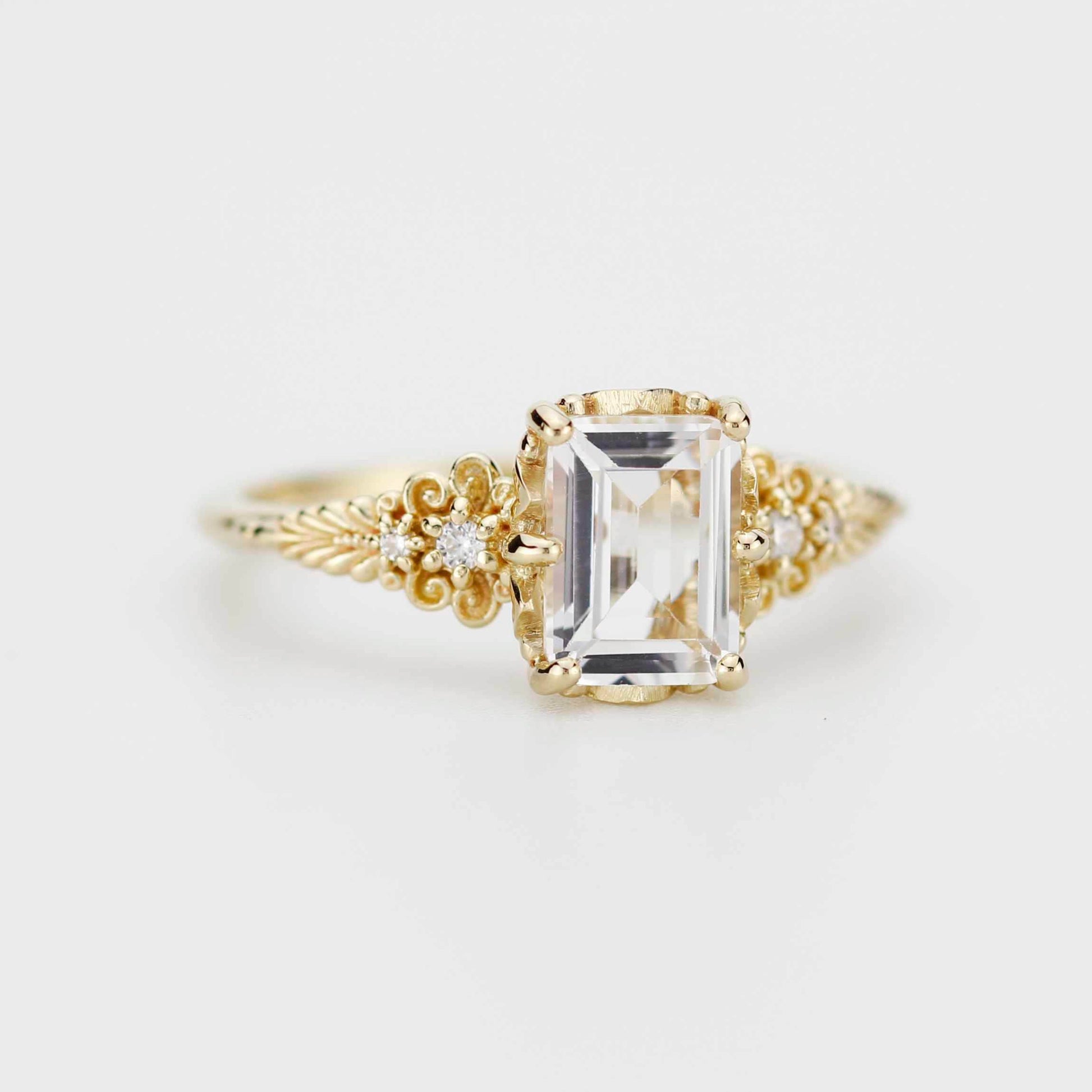 Emerald Cut Moissanite Ring Vintage Floral Yellow Gold, Diamond Engagement Art Deco Style