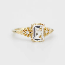 Load image into Gallery viewer, Emerald Cut Moissanite Ring Vintage Floral Yellow Gold, Diamond Engagement Art Deco Style