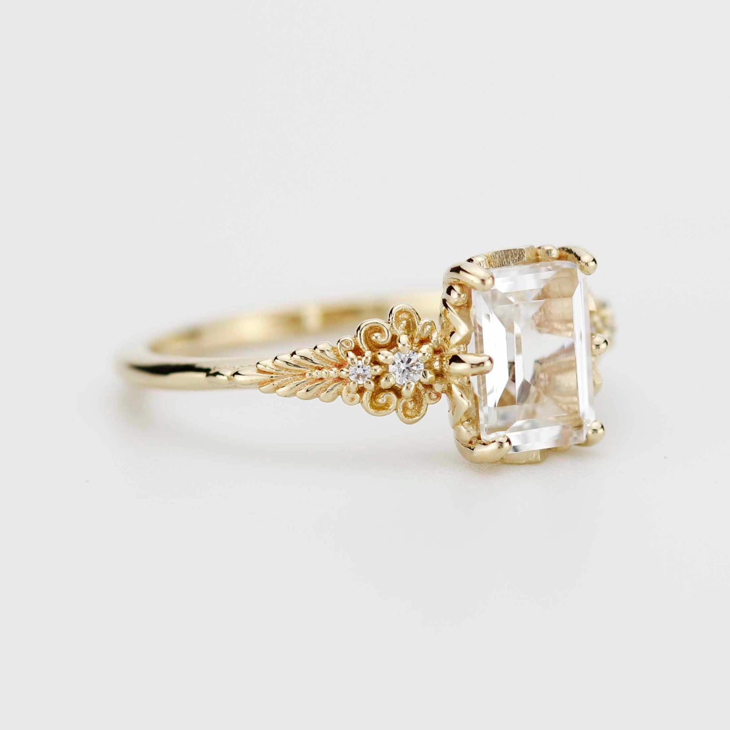 Emerald Cut Moissanite Ring Vintage Floral Yellow Gold, Diamond Engagement Art Deco Style