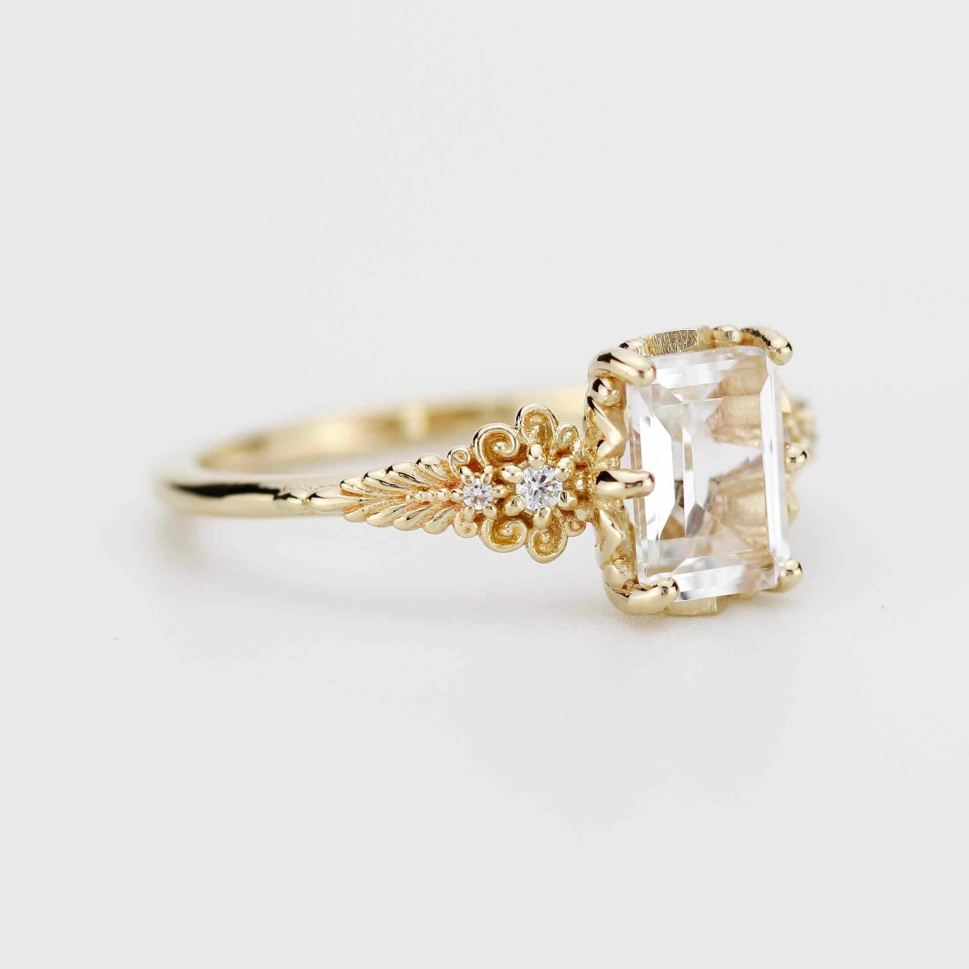 Emerald Cut Moissanite Ring Vintage Floral Yellow Gold, Diamond Engagement Art Deco Style