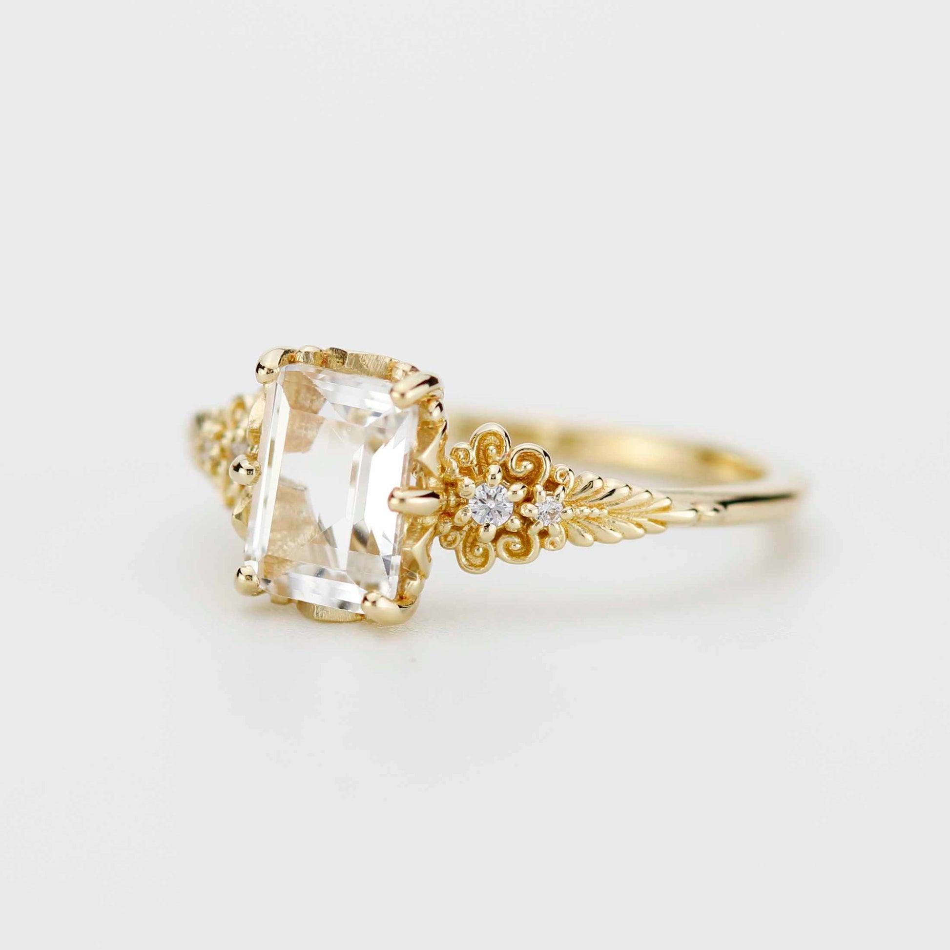Emerald Cut Moissanite Ring Vintage Floral Yellow Gold, Diamond Engagement Art Deco Style