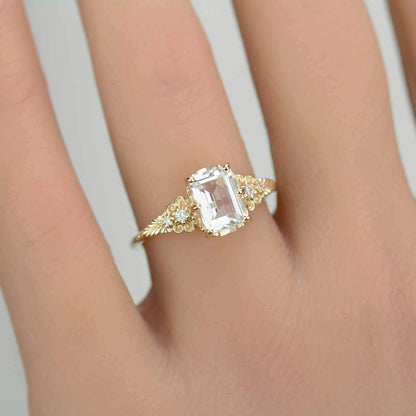 Emerald Cut Moissanite Ring Vintage Floral Yellow Gold, Diamond Engagement Art Deco Style