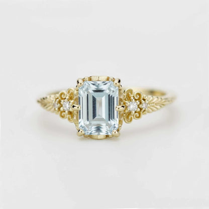 Emerald Cut Aquamarine engagement Ring, Vintage Style 18K Gold
