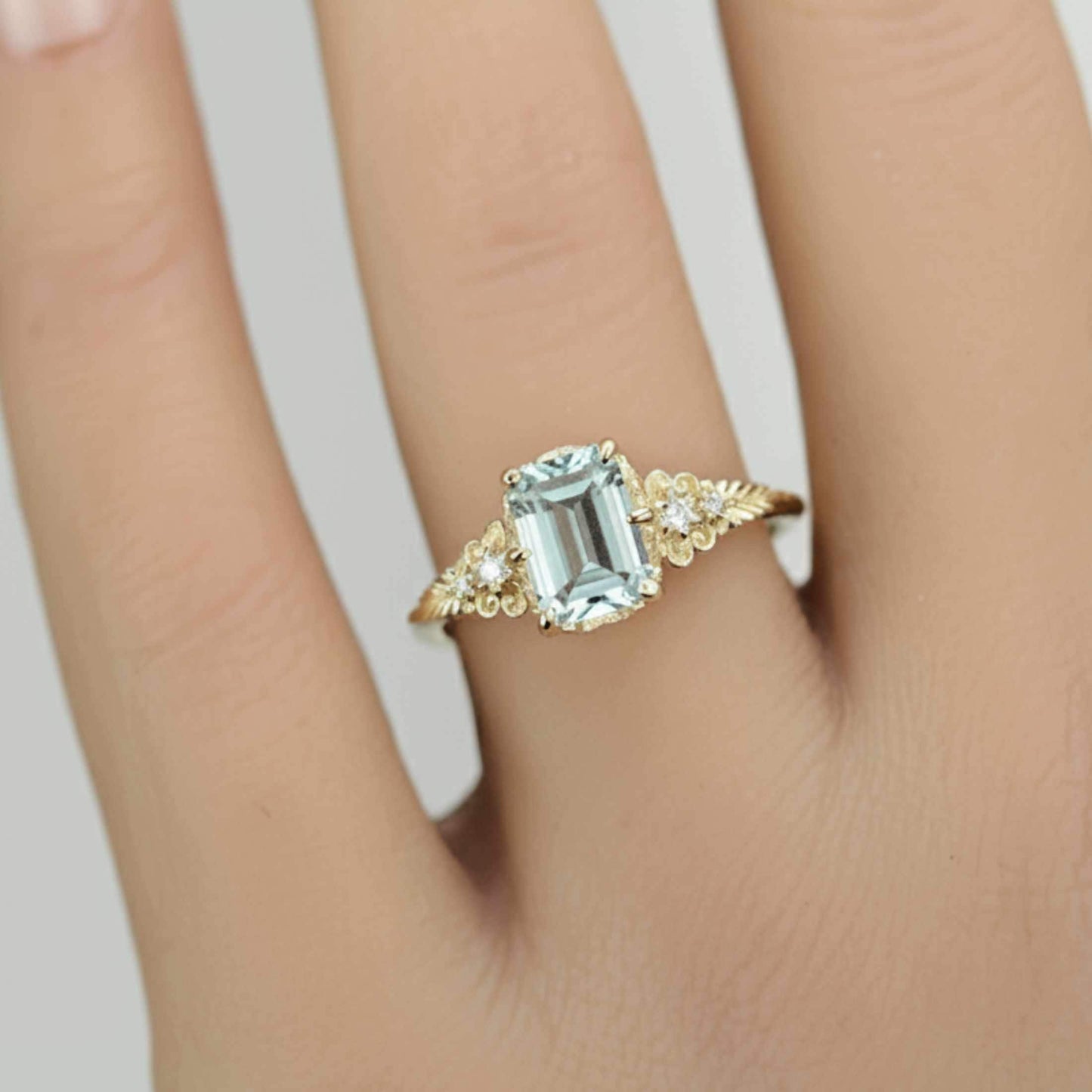 Emerald Cut Aquamarine engagement Ring, Vintage Style 18K Gold