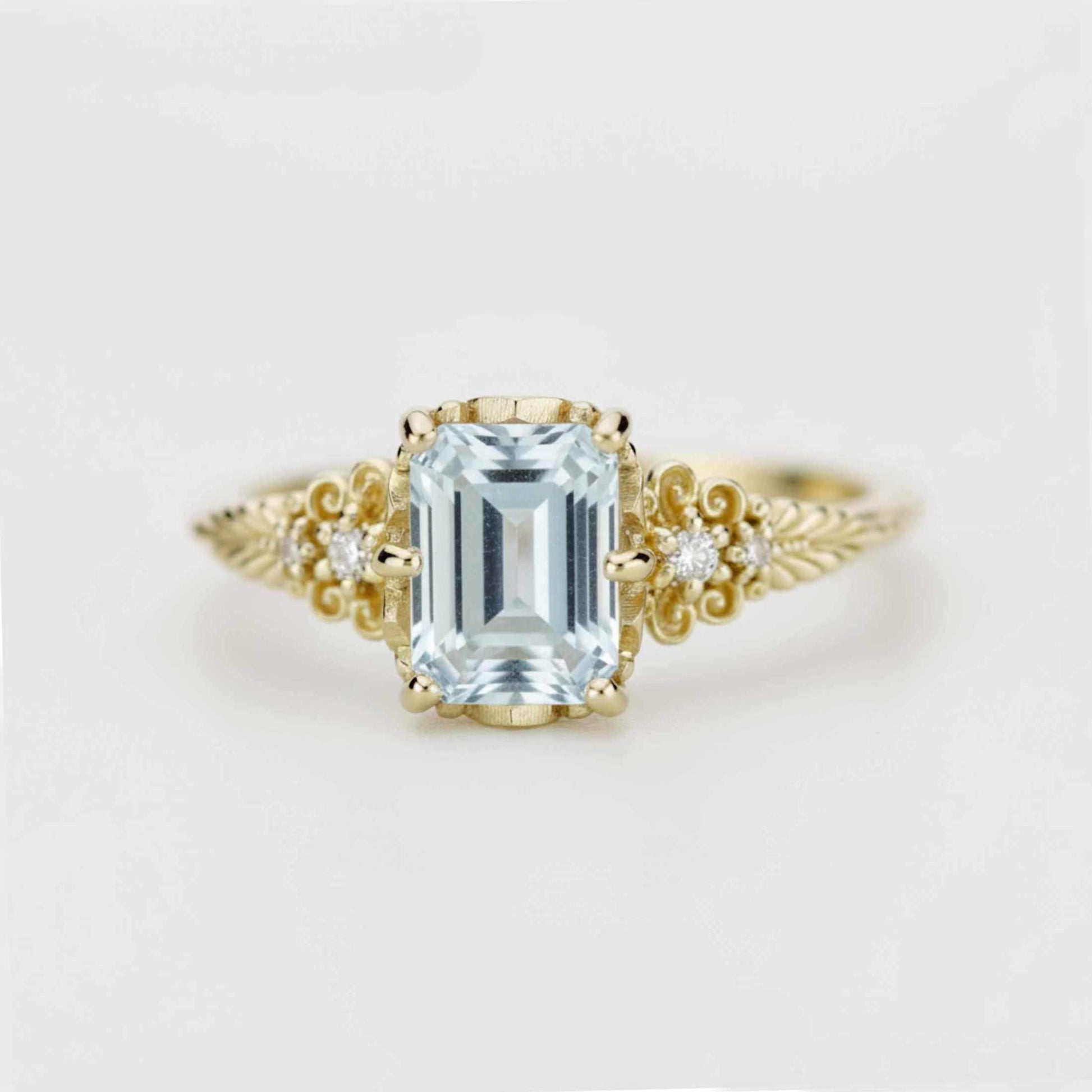 Emerald Cut Aquamarine engagement Ring, Vintage Style 18K Gold